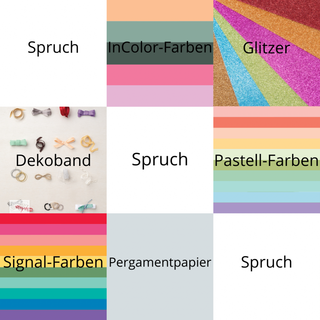 "Tic Tac Toe" Spruch, InColor-Farben, Glitzer, Dekobband, Pastell-Farben, Signal-Farben, Pergamentpapier