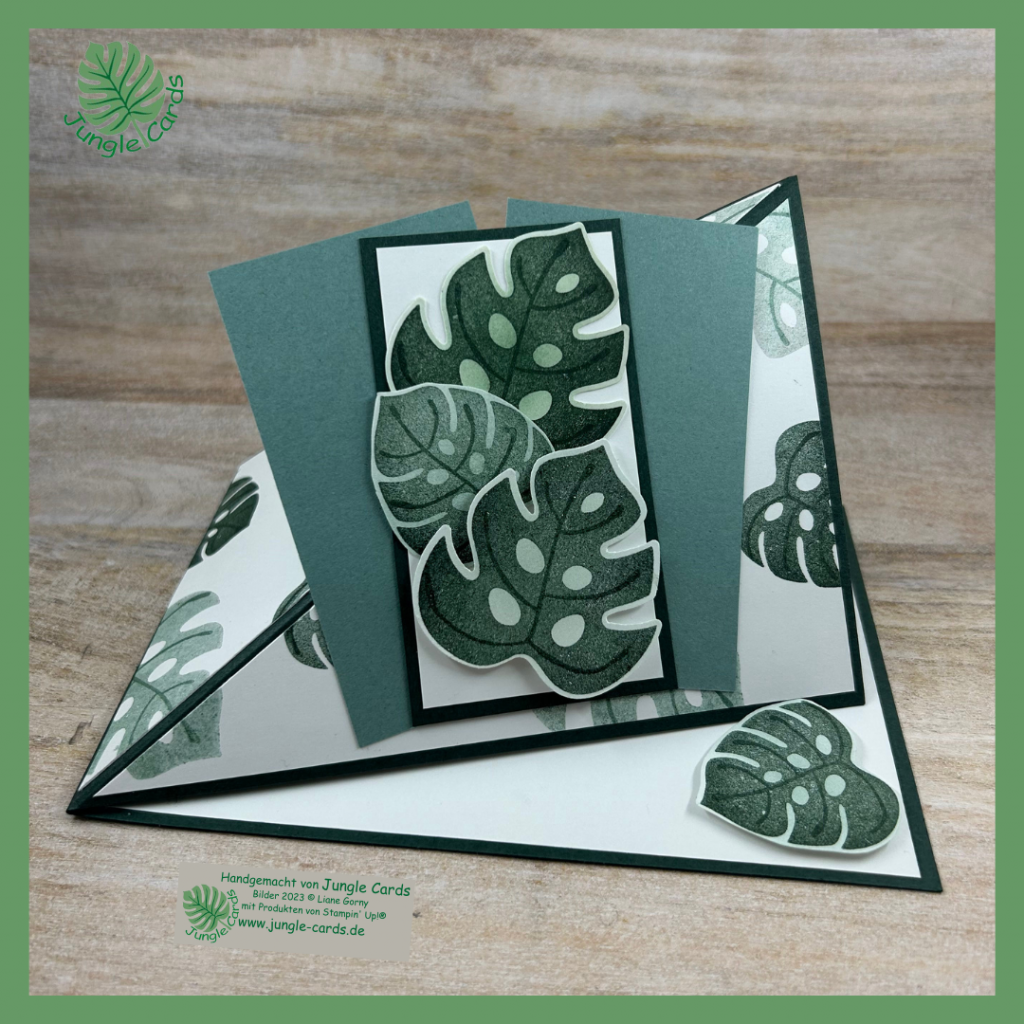 Diagonale Aufstellkarte, Männerkarte, Tropisches Blatt, Lodengrün